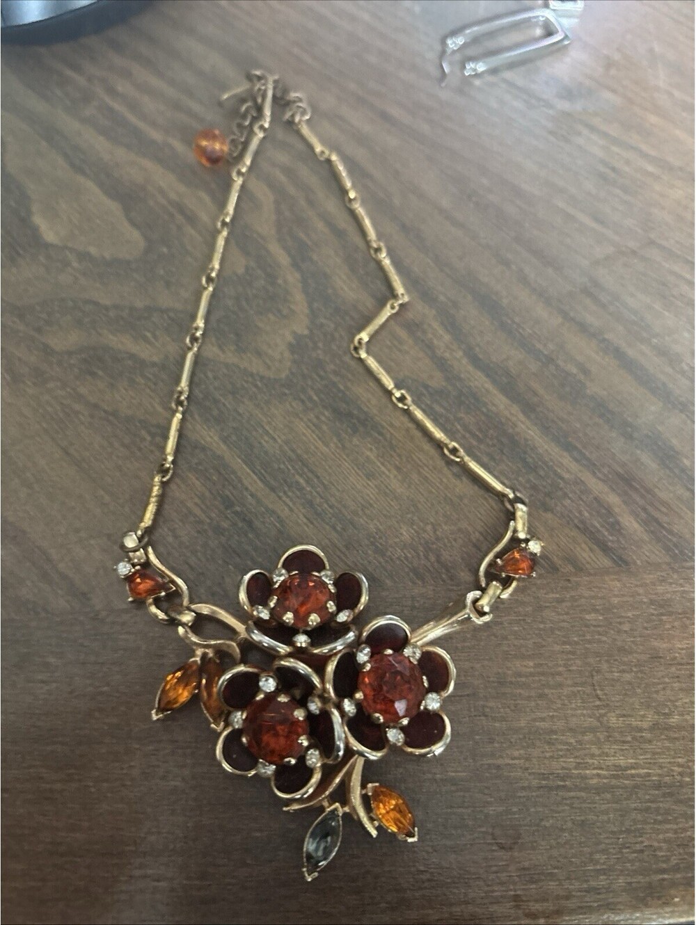 Vintage Floral Pendant Statement Necklace Topaz Color Gold Tone Chain Fashion